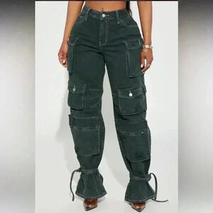 Fashion Nova Billie Ripped Ankle Tie Cargo Jeans - Green